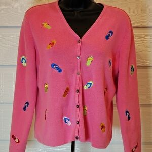 CAROLE LITTLE WOMENS MEDIUM EMBROIDERED PINK FLIP FLOP CARDIGAN 100% COTTON